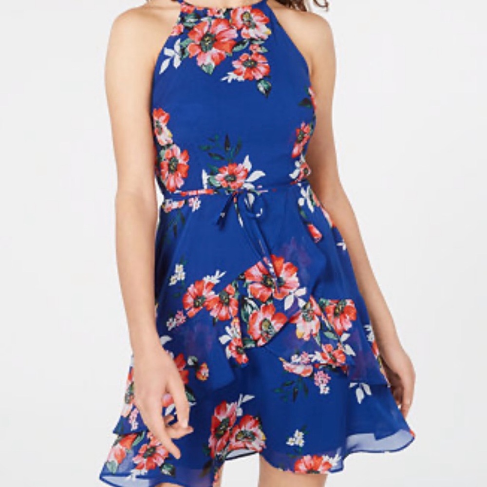 BCX Blue Floral flowy‎ Halter Mini Dress